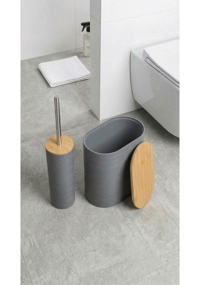 Makri Home 6 Parça Bambu Kapaklı Banyo Seti, Gri, Oval, Hacim: 8 Litre Gri