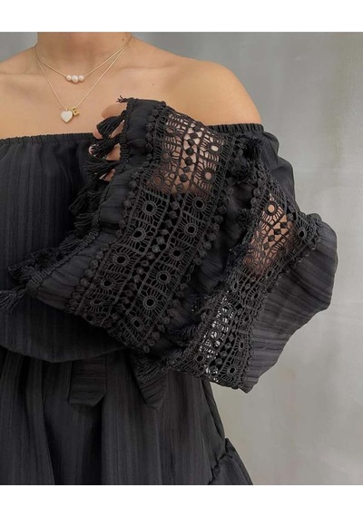 Fashion Cocktail Ekstra Uzun Kollu Çift Kat Dantel Işleme Madonna Yaka Düşük Omuz Kemerli Doğal Bohem Yazlık Elbise Siyah Fashion Cocktail Ekstra Uzun Kollu Çift Kat Dantel Işleme Madonna Yaka Düşük Omuz Kemerli Doğal Bohem Yazlık Elbise Siyah