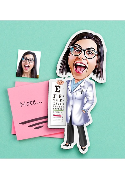 Kişiye Özel Bayan Göz Doktoru Karikatürlü Ahşap Magnet Çok Renkli