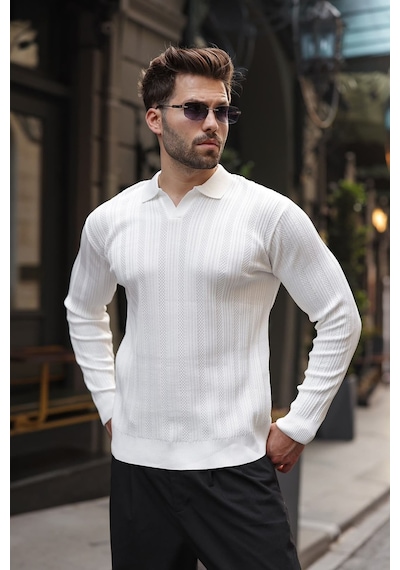 Madmext Beyaz Polo Yaka Desenli Over Fit Erkek Triko Kazak E7517