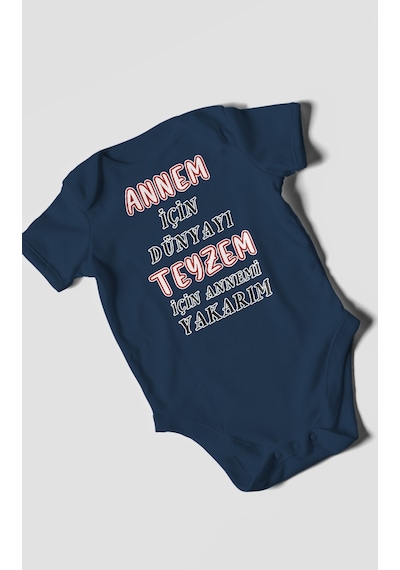 Annem İçin Dünyayı Teyzem İçin Annemi Yakarım Baskılı Bebek Zıbını %100 Pamuk Kısa Kol Lacivert