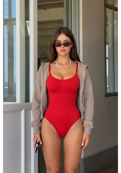 Kadın Slip Kalıp Kırmızı Body Örme Orta Destek Kirmizi