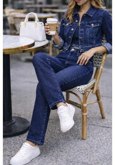 Cedy Denim Kadın Boru Paça Yüksek Bel Regular Fit Likralı Pantolon Mavi