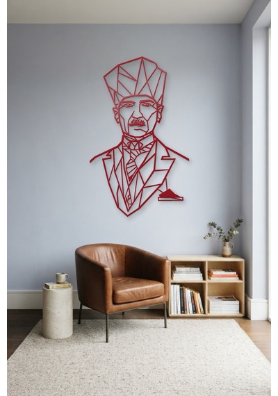 Atatürk Çizgi Metal Duvar Tablosu - Duvar Sanatı - Duvar Dekoru - Kırmızı