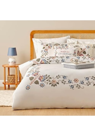 Vintage Çiçek Desenli%100 Pamuk Saten Nevresim Seti, Beyaz, Tek Kişilik Nevresim: 160x220 Cm / 1 Adet Yastık Kılıfı: 50x70 Cm 0