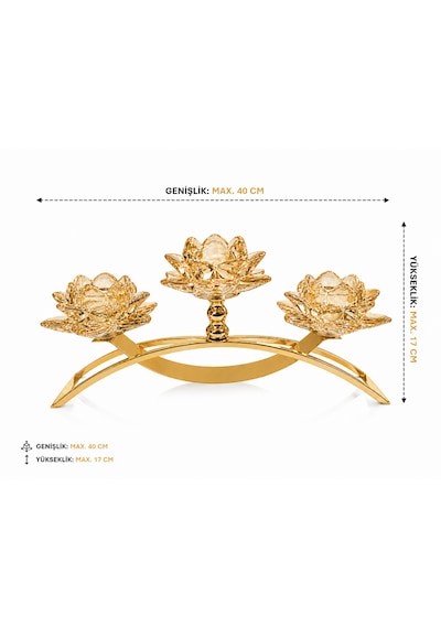 3 Kollu Kristal Cam Köprü Gold Renk Şamdan 40cm Uzunluk / 17cm Yükseklik Amber - Gold