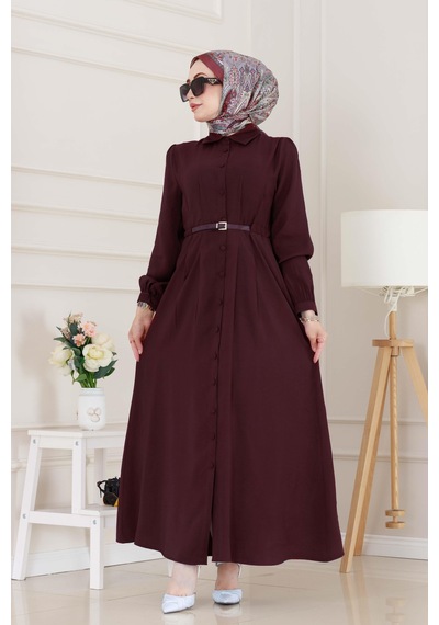 Sevitli Kemerli Tensel Elbise-bordo-5035 Bordo