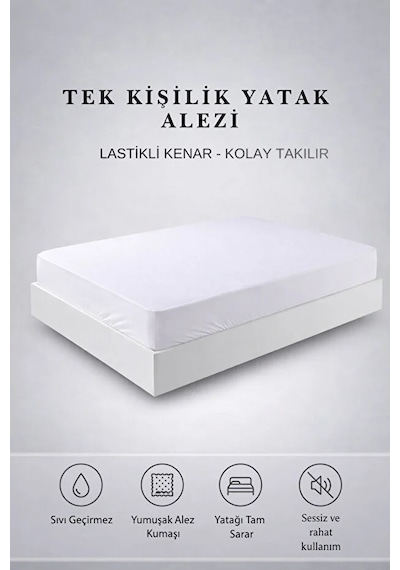 Tek Kişilik Sıvı Geçirmez Lastikli Yatak Alezi 100x200x40 Cm Sessiz Ve Yumuşak Kumaş Beyaz
