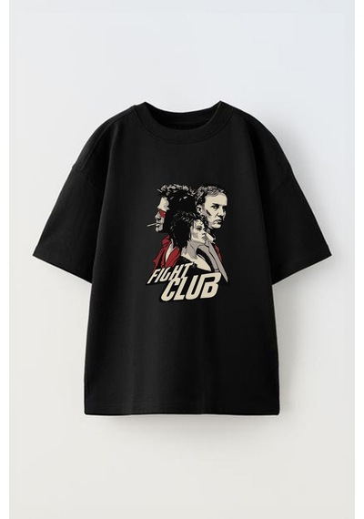 Thewert Unisex Fight Club Dövüş Kulübü Tasarım Baskılı Pamuk Sıyah Oversize T-shirt Siyah
