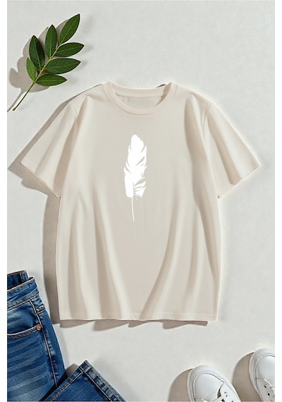 Uyguntarz Unisex Tüy Baskılı T-shirt Bej