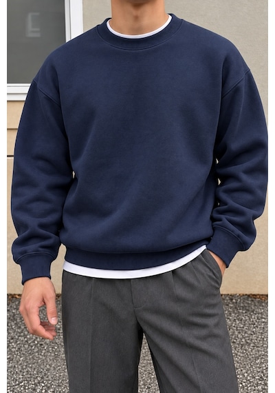 Tarz Cool Erkek 3 İplik Şardonlu Regular Fit Bisiklet Yaka Basic Sweatshirt Lacivert