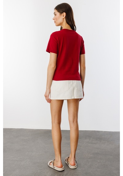 Kadın T-shirt Kısa Kollu Organik Pamuklu Bisiklet Yaka Crop T-shirt Kadın-t-shırt Bordo