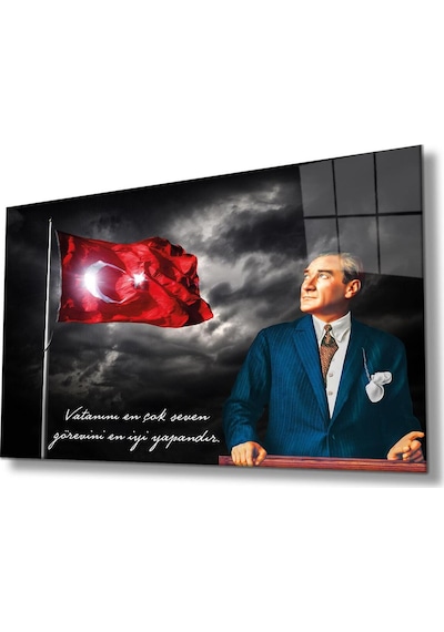 Türk Bayrağı Ve Atatürk Cam Tablo Vatanını En Çok Seven Modern Ev Ofis Salon Kurum Hediyelik Tablo