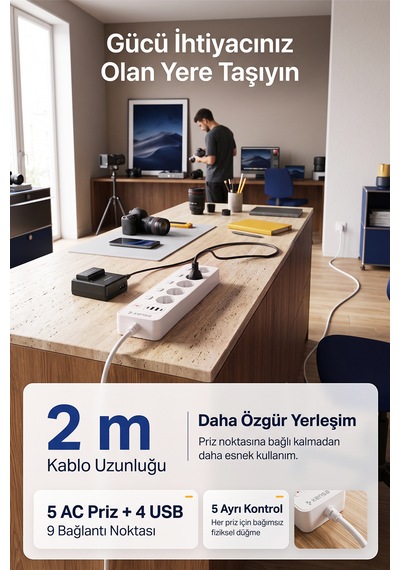 Akım Korumalı Priz 5'li + 2x Usb-a + 2x Usb-c 2 Metre Kablo 2 m