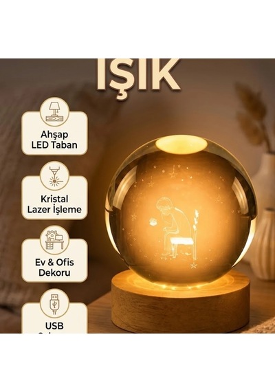 Küçük Prens Temalı 8 Cm Işıklı Cam Küre Usb Çalışma Ve Ahşap Altlık