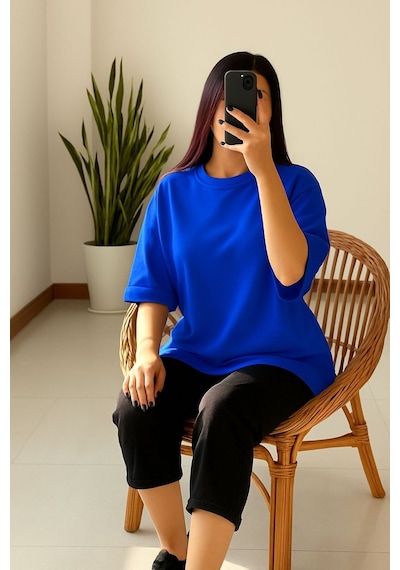 Düz Oversize Unisex Tişört Yb6 Saks Mavisi