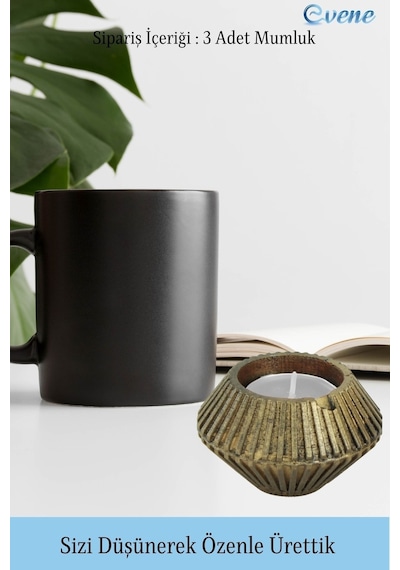 Mumluk Şamdan 3 Adet Tealight Uyumlu Elmas Çizgili Model - Altın Eskitme