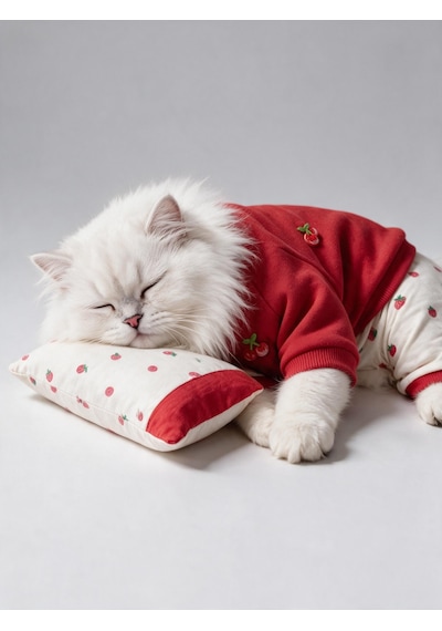 Tatlı Çilek Kedi Rüyası Pamuklu Çilekli Kedi Tulumu, Kırmızı Sweatshirt Ve Mini Yastık 3parça