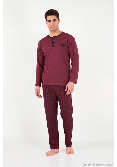 Buratti Desenli Pamuklu Düğmeli Bisiklet Yaka Pijama Takımı Erkek Pijama Takımı 6575002 Bordo