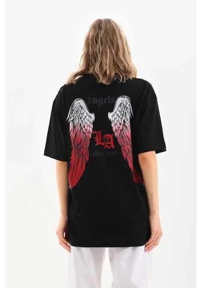Unisex Baskılı Oversize T-shirt - Siyah Siyah