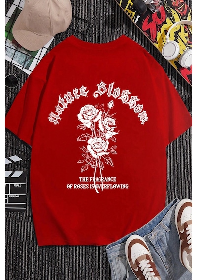 Nature Blossom Baskılı Unisex Oversize Tshirt Kırmızı
