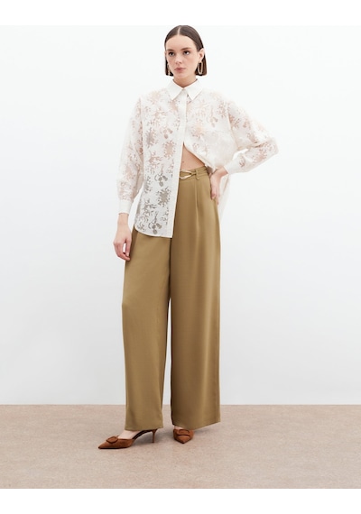 Sateen Kendinden Desenli Salaş Gömlek - Krem-136059 Krem