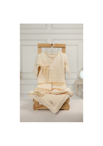 Tlyhometextiles Krem Müslin Hastane Çıkışı Seti Battaniye, 2 Li Takım, Şapka Ve Eldiven 0 3 Ay Ekru