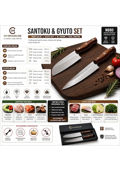 N690 Çelik Santoku Ve Guyuto Bıçak Seti 2 Parça Profesyonel Şef Bıçağı, Özel Tasarım Ceviz Sap, Premium M Genel