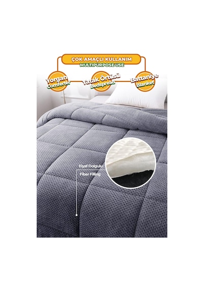 Ultra Yumuşak Çift Taraflı Wellsoft Peluş Yorgan Çift Kişilik Yıkanabilir 200x220 Cm Antrasit Antrasit