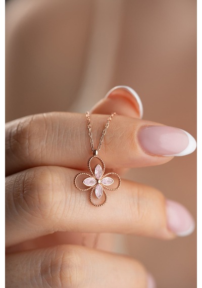 925 Ayar Gümüş Rose Kaplama Pembe Taşlı 4 Yapraklı Yonca Kolye Rose Gold