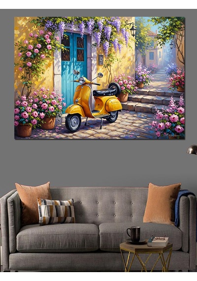 Ahşap Tablo Çiçekli Sokakta Sarı Scooter Tablo