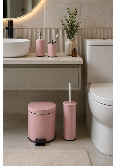 Maxiflow 4'lü Pembe Banyo Seti Pedallı Çöp Kovası Diş Fırçası Kabı Sabunluk Fırça