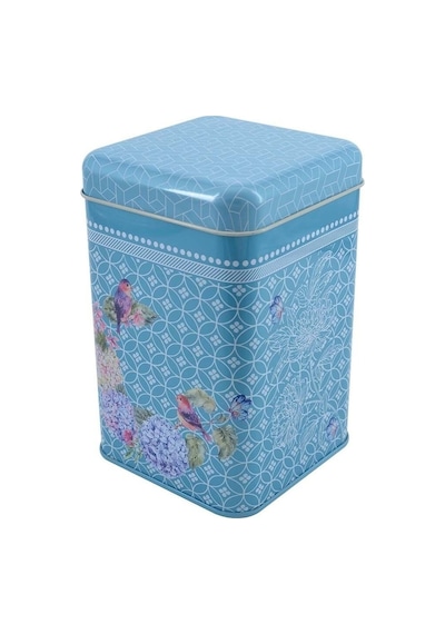 Blooming Blue Desenli Kare Metal Saklama Kabı 10.5 x 10.5 x 16 CM 1.7 L