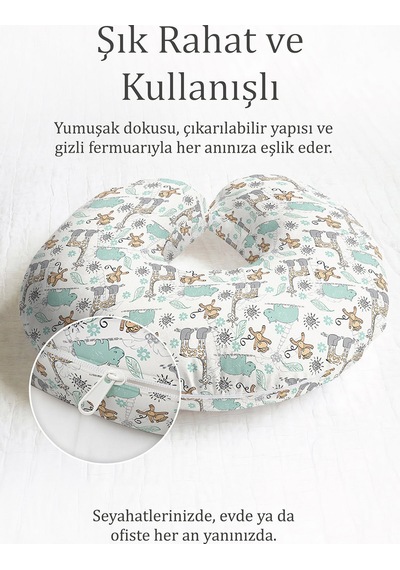 Sevimli Safari Hayvanları Pamuklu Boyun Yastığı - Çocuk & Yetişkin Mint Yeşili Bej Seyahat Yastığı Soluk Kumlu Koyu Gri