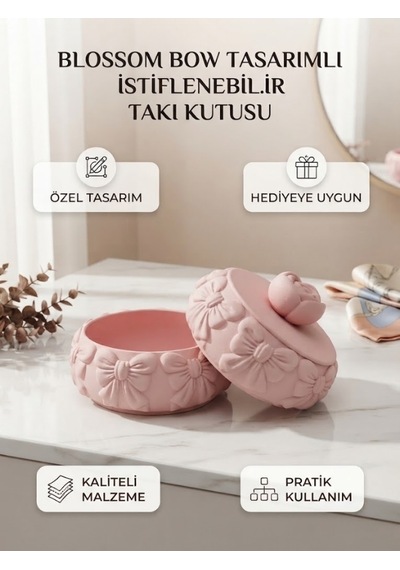 Özel Tasarım Blossom Takı Kutusu Ve Dekoratif Fiyonklu Saklama Kabı Pembe
