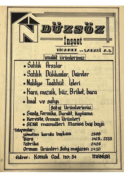 Manisa 1987 Meslek Reklam İlanı Efemera S-47