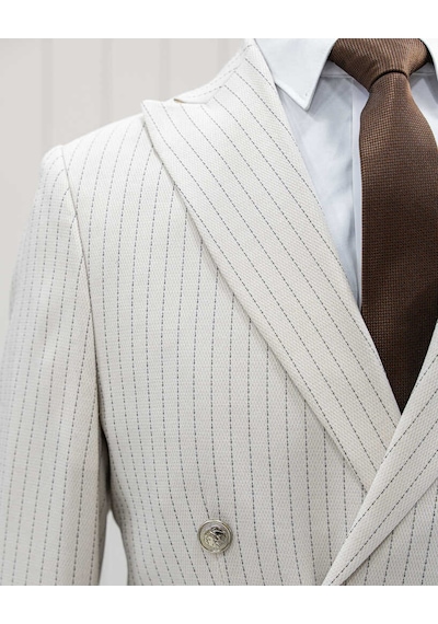 Beystil Sivri Yaka Bej Çizgili Kruvaze Takım Elbise Lecce - Slim Fit Bej