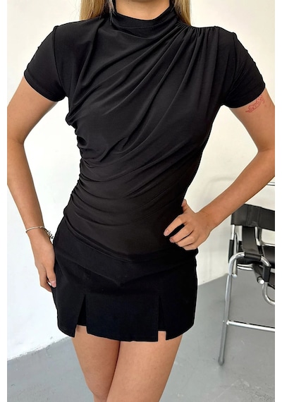 Giysa Kadın Dik Yaka Büzgü Detaylı Bluz Siyah - 25y 2417 Siyah