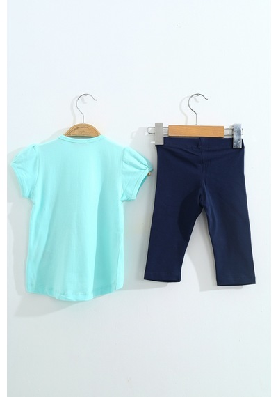 Toontoy Kids Toontoy Kız Çocuk 2'li Takım Baskılı Bisiklet Yaka T-shirt & Beli Lastikli Kapri Şort Mint Yeşili