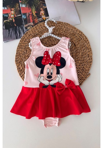 Minigimin Cicileri Mnn Baskılı Fiyonk Detaylı Kız Çocuk Mayo Bikini - Pembe