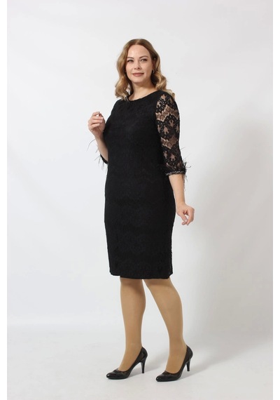 Moda Berray Kolları Tüy Detaylı Dantel Elbise Büyük Beden Kısa Abiye Siyah Moda Berray Kolları Tüy Detaylı Dantel Elbise Büyük Beden Kısa Abiye Siyah