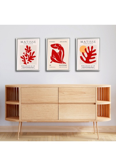 Henri Matisse 3'lü Alüminyum Çerçeveli Poster Seti - Önden Açılır A3 Açılır Kapanır Çerçeve Seti Kırmızı Soyut Figürler, Gümüş