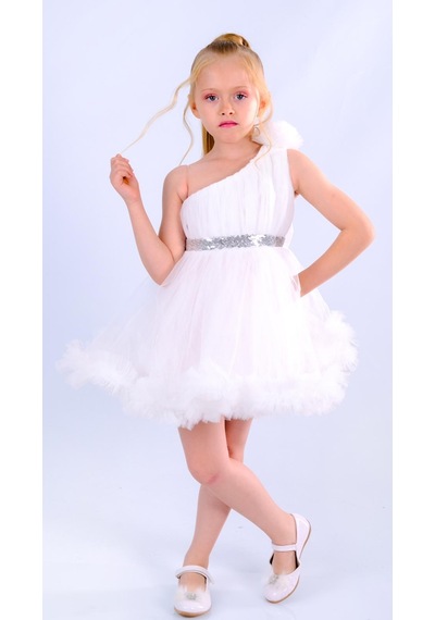 Mnk Baby & Kids Tek Omuz Kız Çocuk Abiye Mnk0599 Beyaz