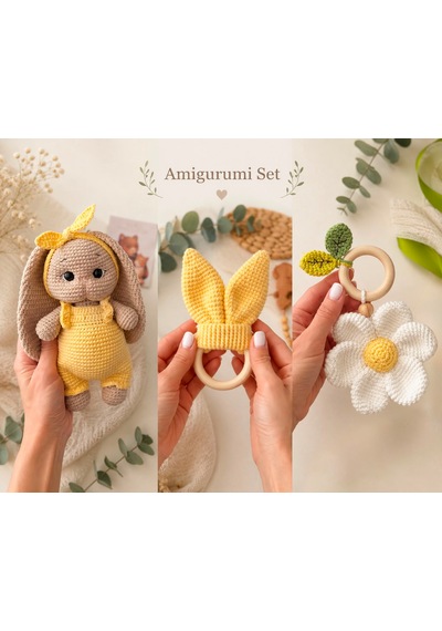 Amigurumi Çiçekli Tavşan 3lü Set