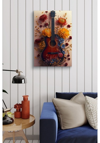 Etrafı Çiçek Kaplı Gitar Yağlı Kanvas Tablo
