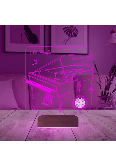 Luvivia Piyano Müzik Nota Piyanist Hediye Kişiye Özel Metal Saatli 3d Lamba - Masa Gece Lambası