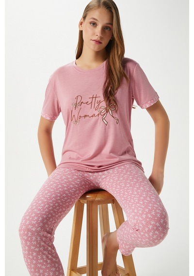 Ritnice Kadın Pretty Woman Viskon Bisiklet Yaka Kısa Kol Pembe Alt Üst Pijama Takımı Pembe