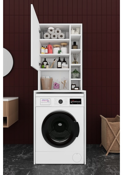 Asra Trend Çamaşır Makinesi Üstü Banyo Dolabı BD-02 %100 MDF Kapaklı Organizer Raf Beyaz