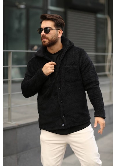 Sr Tekstil Pelüş Ceket Unisex Normal Kalıp Cep Detaylı Siyah