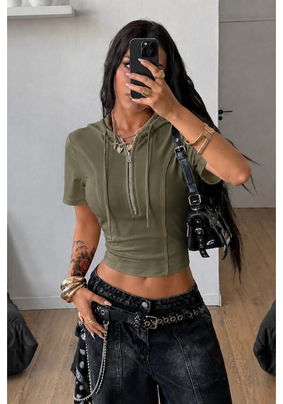 Tarz Cool Kapüşonlu Crop Tişört Fermuarlı Kısa Kollu Kadın Üst Body Haki